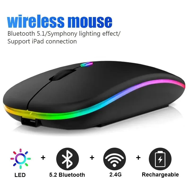 Mouse Wireless RGB Recarregável Bluetooth – Mause Ergonômico com LED Backlit e 3600DPI para Computador e Laptop