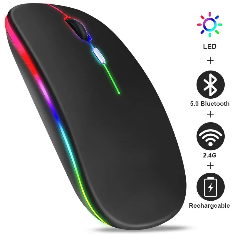 Mouse Wireless RGB Recarregável Bluetooth – Mause Ergonômico com LED Backlit e 3600DPI para Computador e Laptop