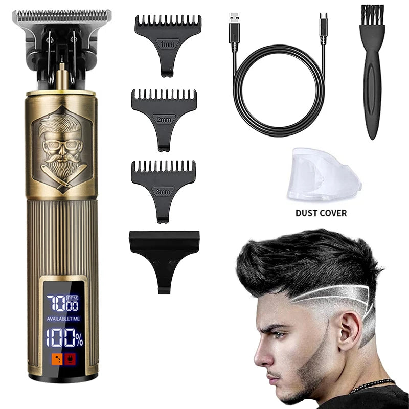 Máquina de Corte Profissional Recarregável – Aparador de Cabelos Masculino com Lâmina de Precisão em Metal