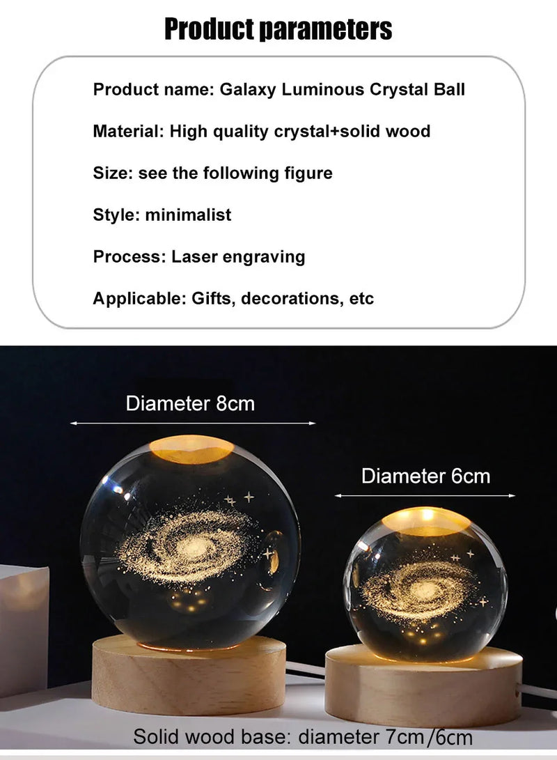 Luminária LED USB 3D – Bola de Cristal Galáxia, Lâmpada Planeta Lua para Decoração de Ambiente e Presente