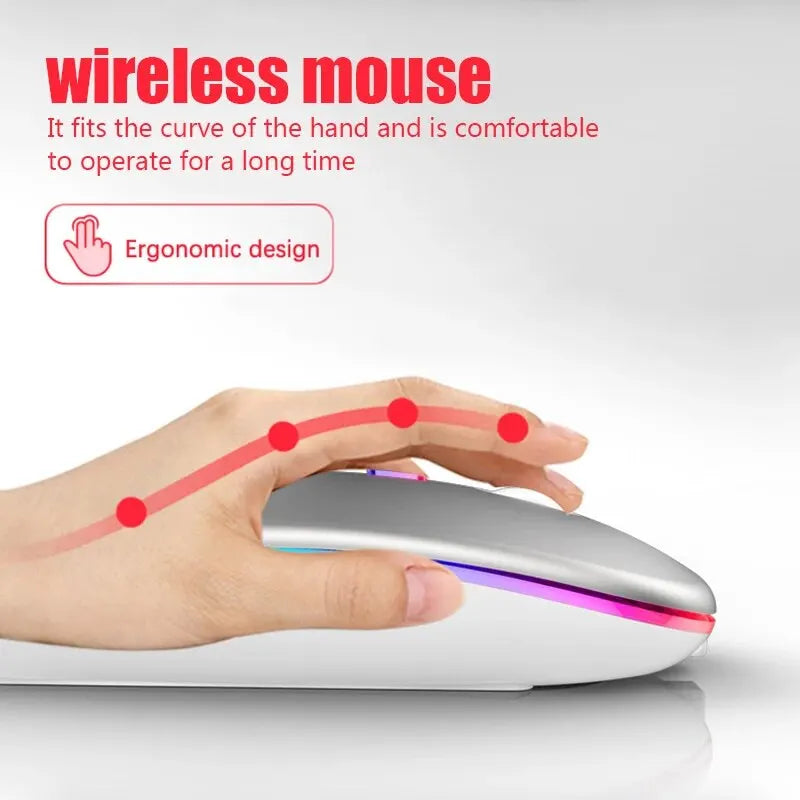 Mouse Wireless RGB Recarregável Bluetooth – Mause Ergonômico com LED Backlit e 3600DPI para Computador e Laptop